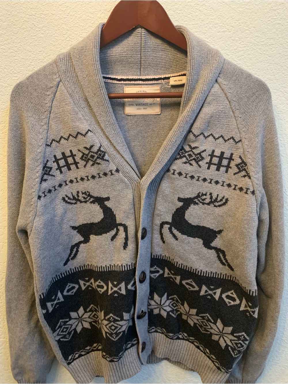 Weatherproof Gray Shawl Collar Reindeer Cardigan Sweater